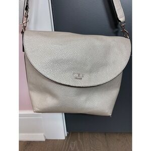 Guess Metallic Champagne Pebbled Leather Crossbody Flap Bag Silver Logo Handbag